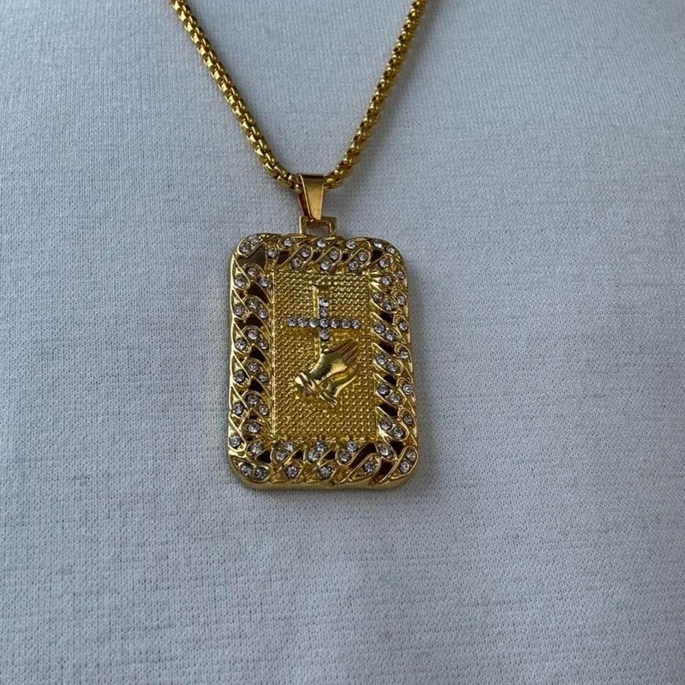 Gold Praying Hands Cross Rectangular Pendant Necklace Mens 24 Inch Chain